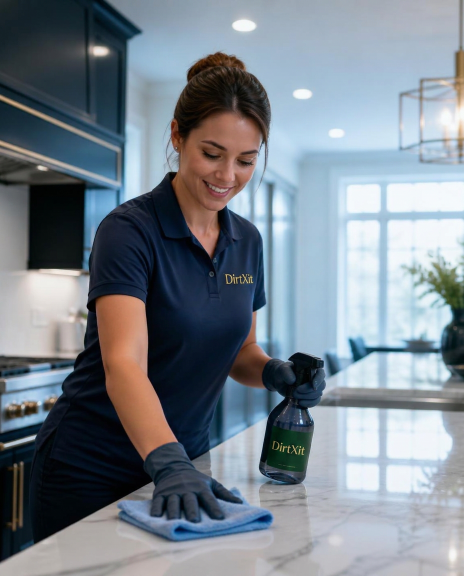 Professional cleaner polishing a marble kitchen counter
