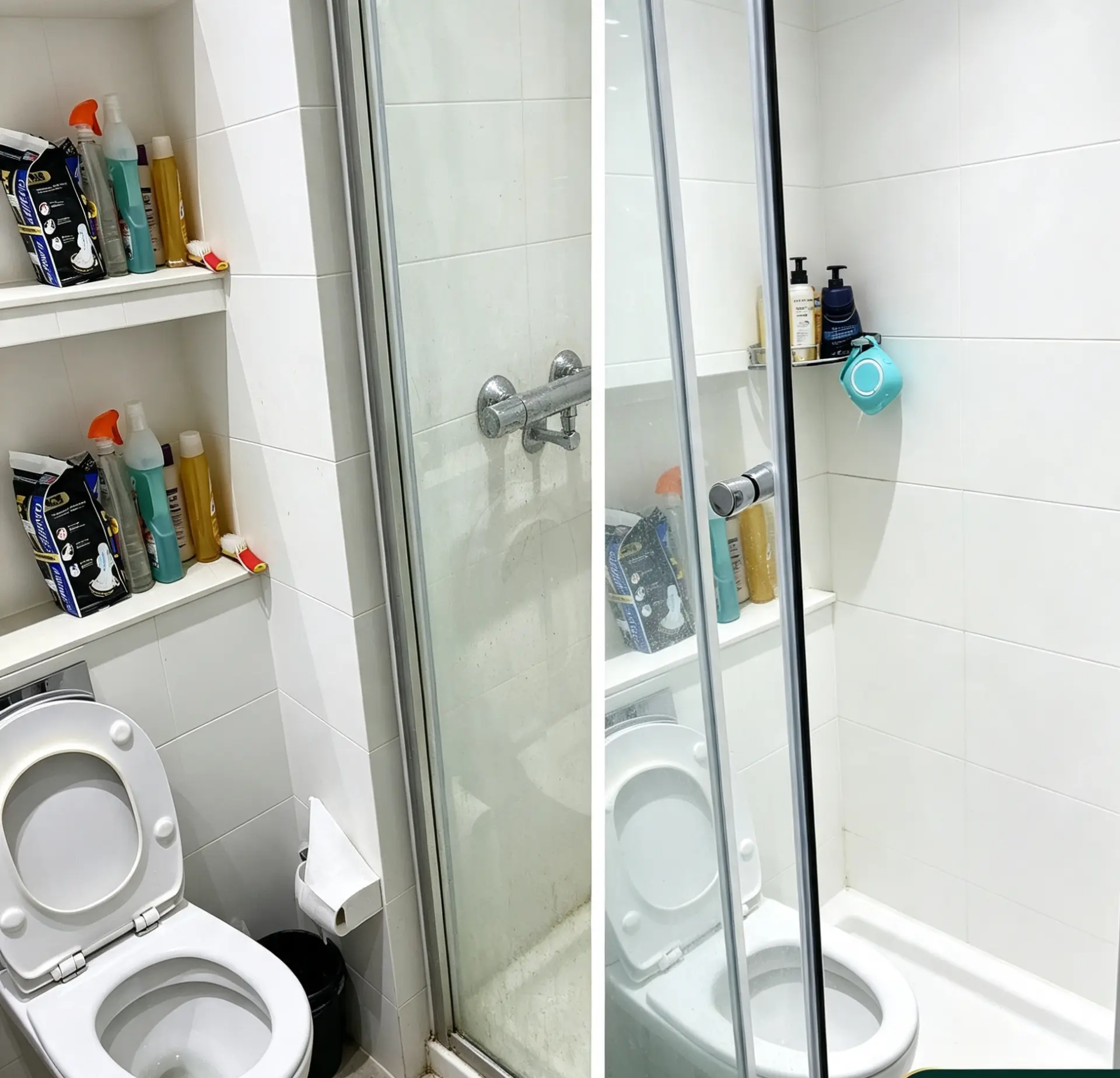Shower screen and toilet before and after cleaning