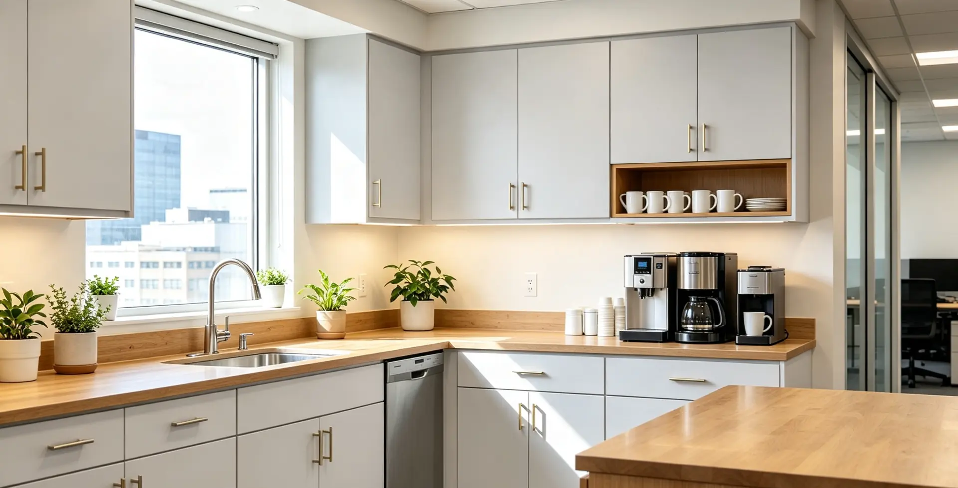 Clean office kitchen and breakout area