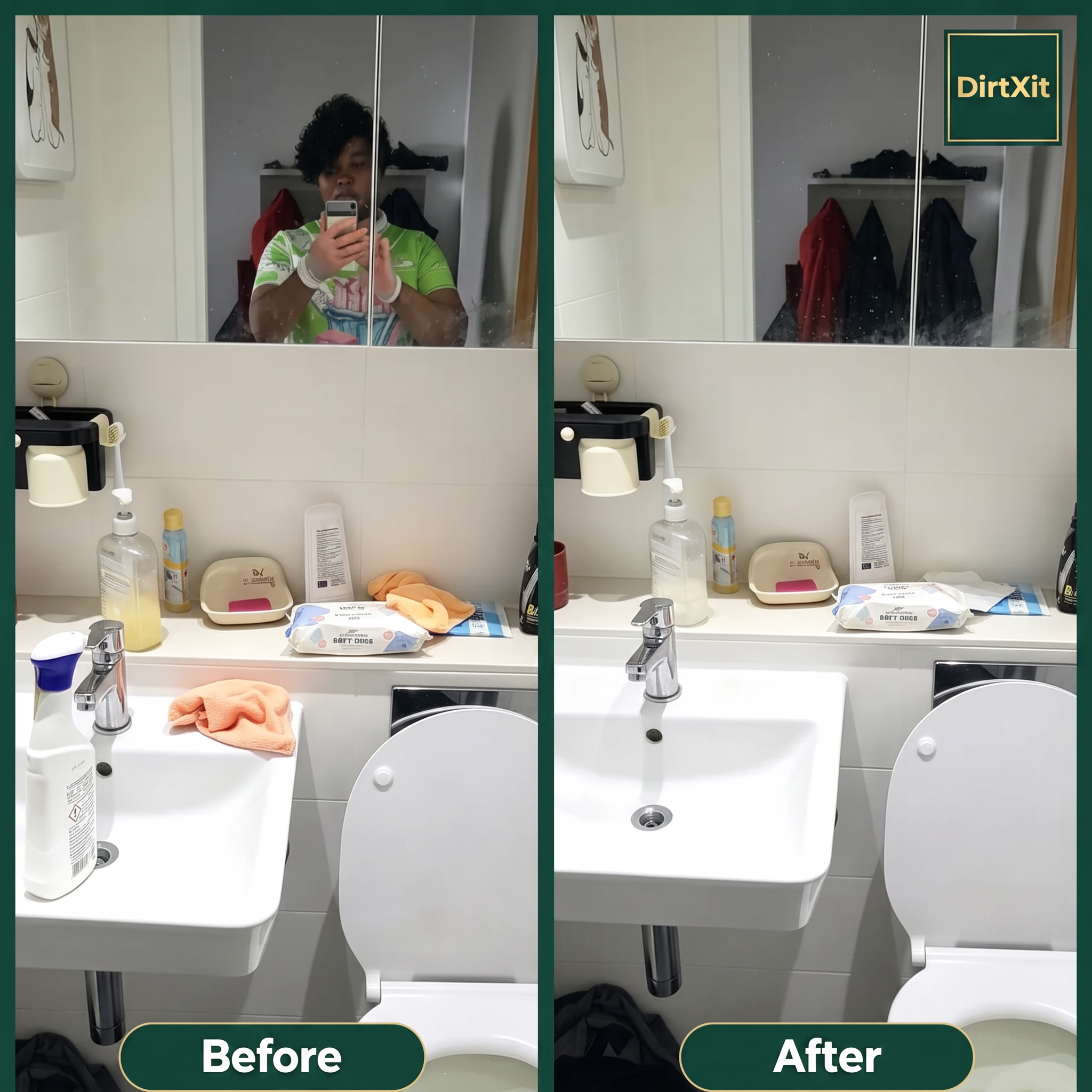 Bathroom sink and mirror before and after cleaning