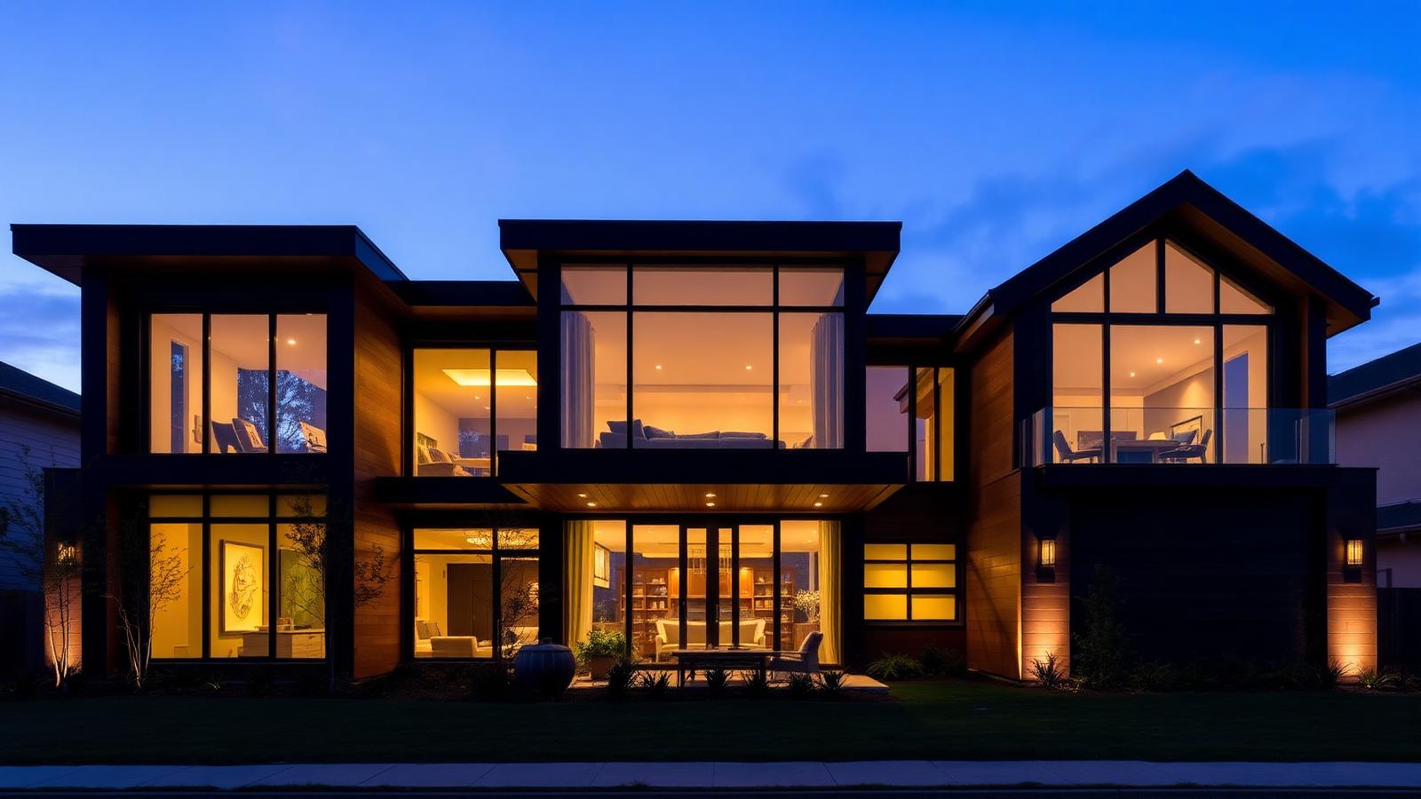 Modern luxury home exterior lit at dusk